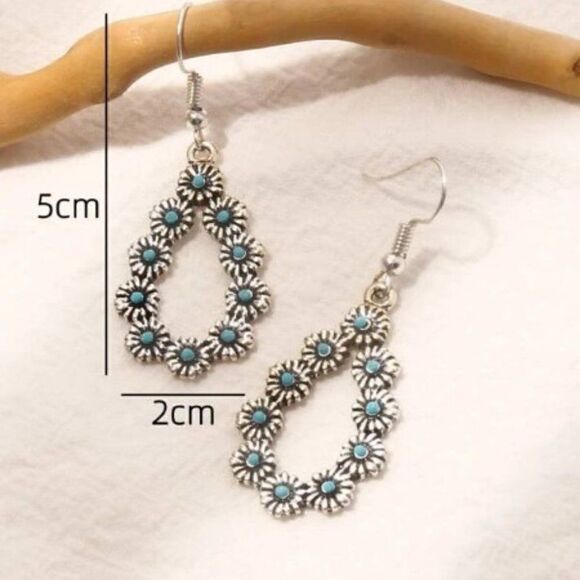 SILVER TURQUOISE FLOWER WATER DROP EARRINGS - Picture 5 of 6